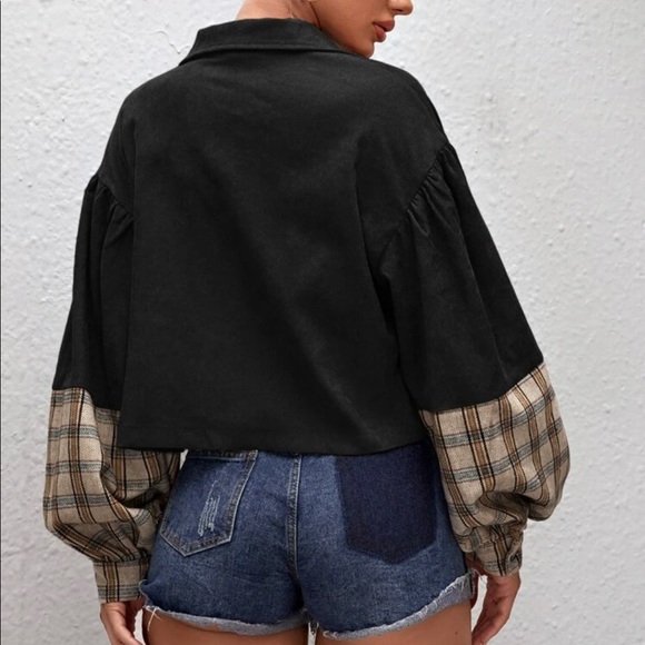 Corduroy plaid puff sleeve oversized cropped jacket Shacket - Picture 5 of 5